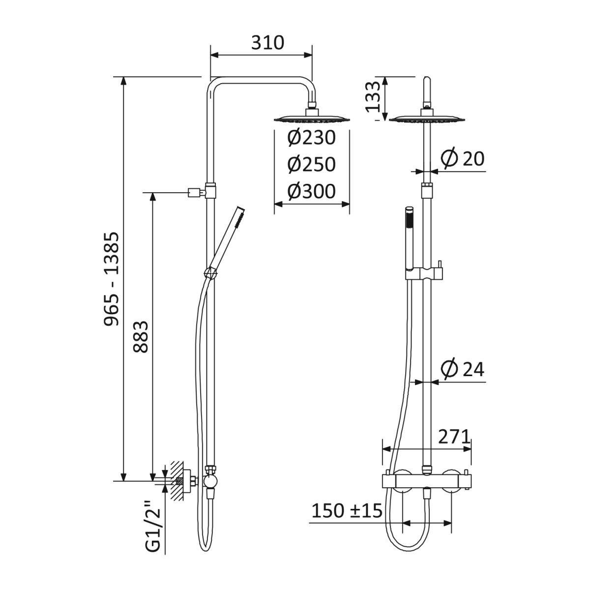 Sistema de Duche Termostático BRUMA ELO, chuveiro ABS D230