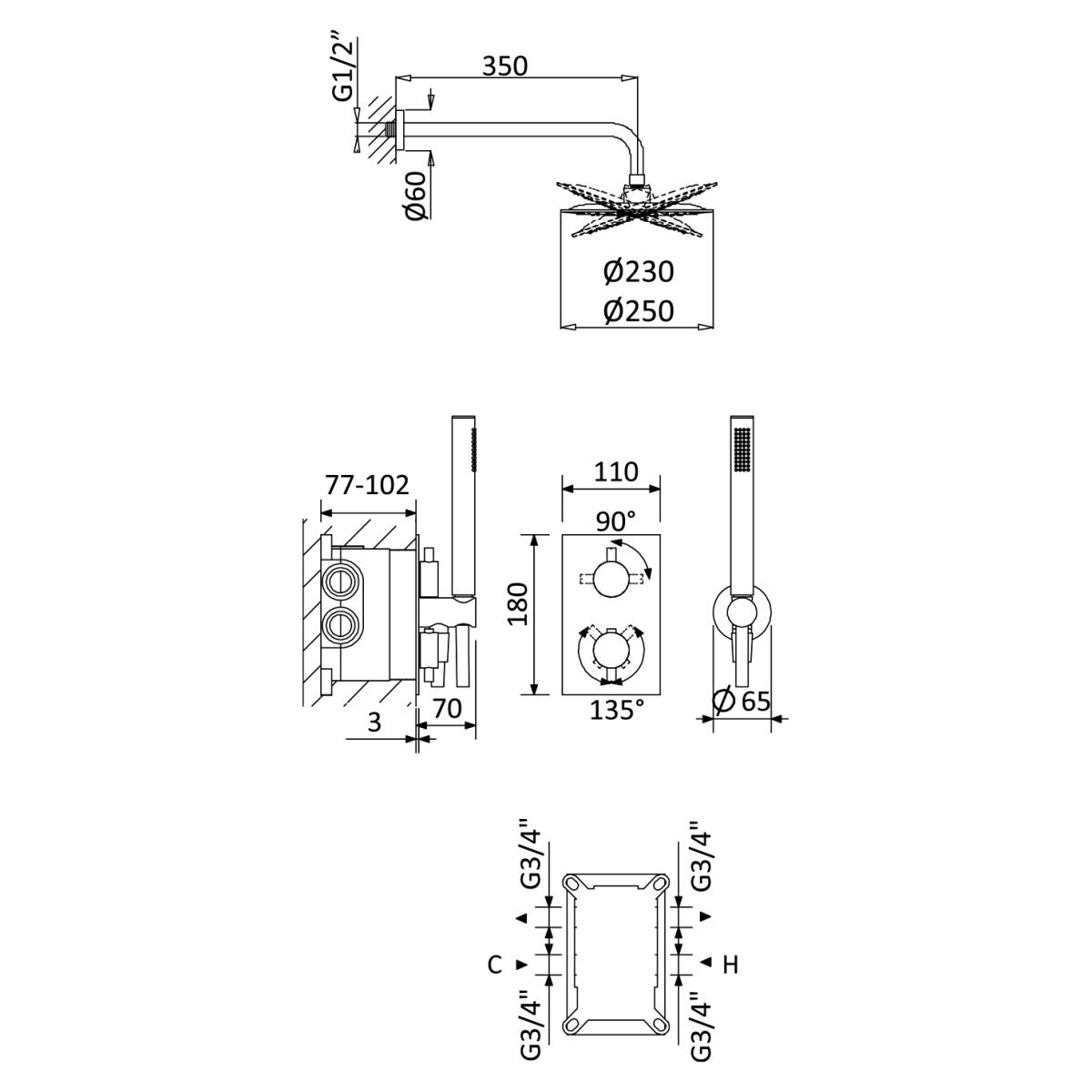 Sistema de Duche Termostático BRUMA embutido LUSITANO, chuveiro ABS D230 - Image 2
