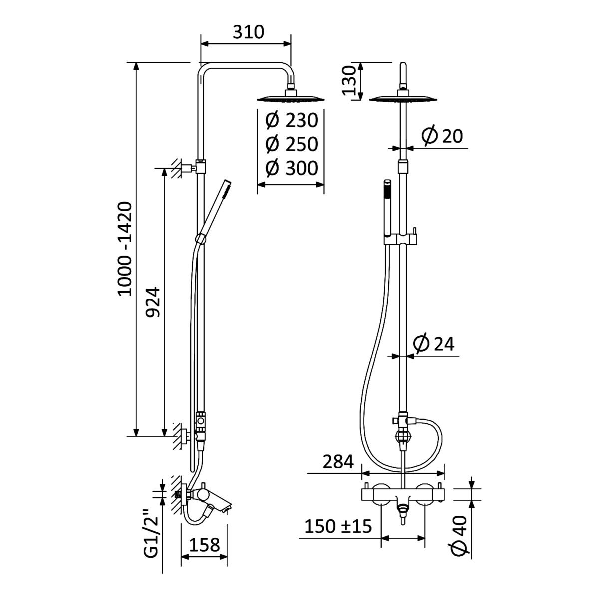 Sistema de Banheira termostático BRUMA ELO, chuveiro ABS D230mm