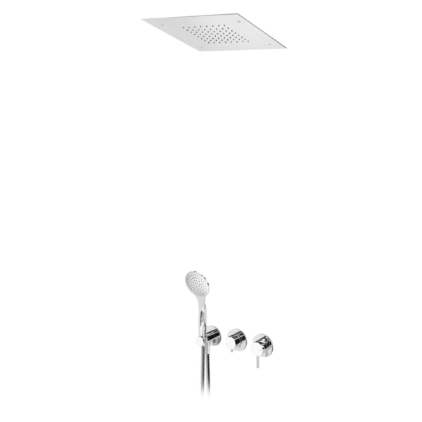 Sistema embutido de duche com chuveiro em INOX, de embutir no tecto 380x380 mm (Chuva) e chuveiro mão - Bruma Lusitano 107 428 1CR