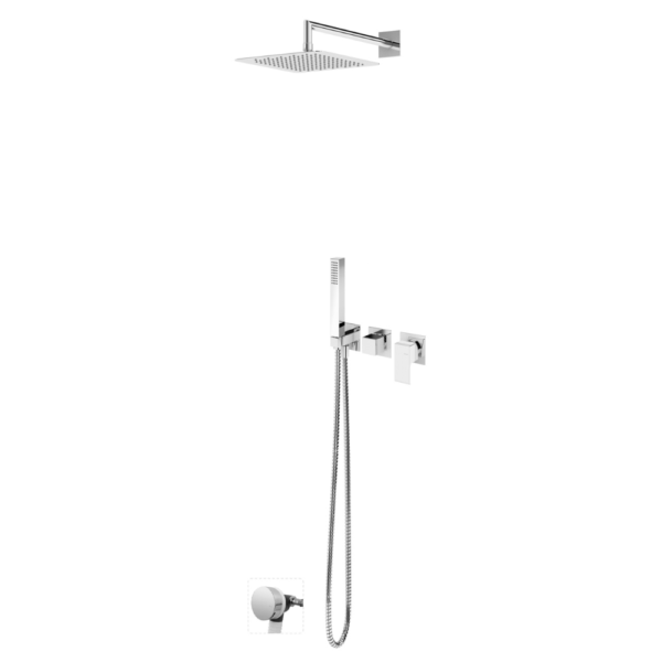 Sistema embutido de banheira com chuveiro de parede 250x250 mm em Inox, kit de chuveiro mão Quadra e válvula com bica de enchimento para banheira - Bruma Linea 182 352 1CR