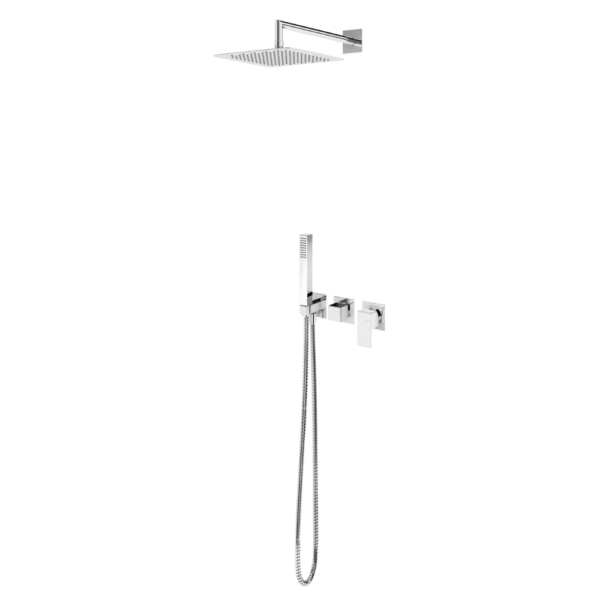 Sistema embutido de duche com chuveiro de parede 200x200 mm em ABS e kit de chuveiro mão Quadra - Bruma Linea 182 571 2CR