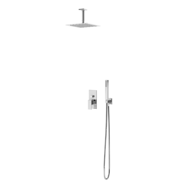 Sistema embutido de duche com chuveiro de tecto 200x200 mm em ABS e braço 100 mm e kit de chuveiro mão Quadra - Bruma Linea 182 564 1CR